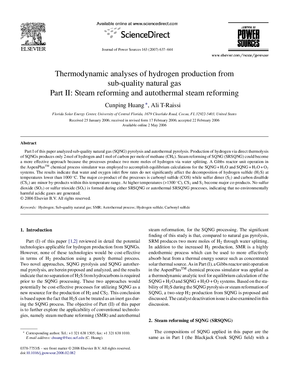 Thermodynamic analyses of hydrogen production from sub-quality natural gas