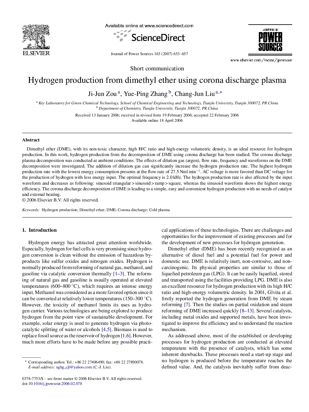 Hydrogen production from dimethyl ether using corona discharge plasma