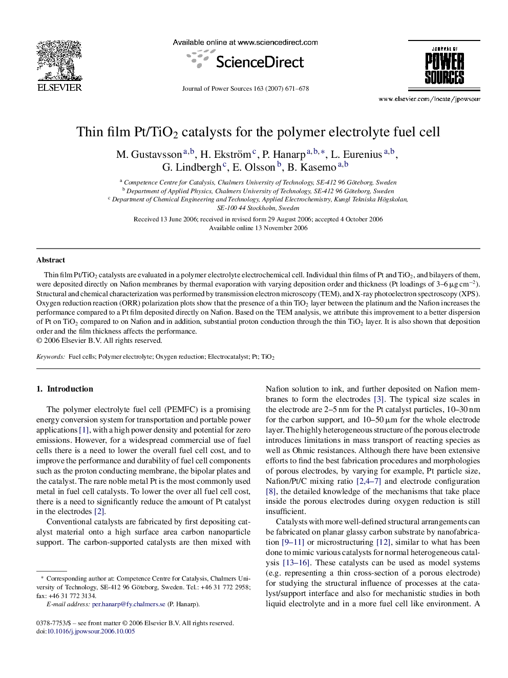 Thin film Pt/TiO2 catalysts for the polymer electrolyte fuel cell