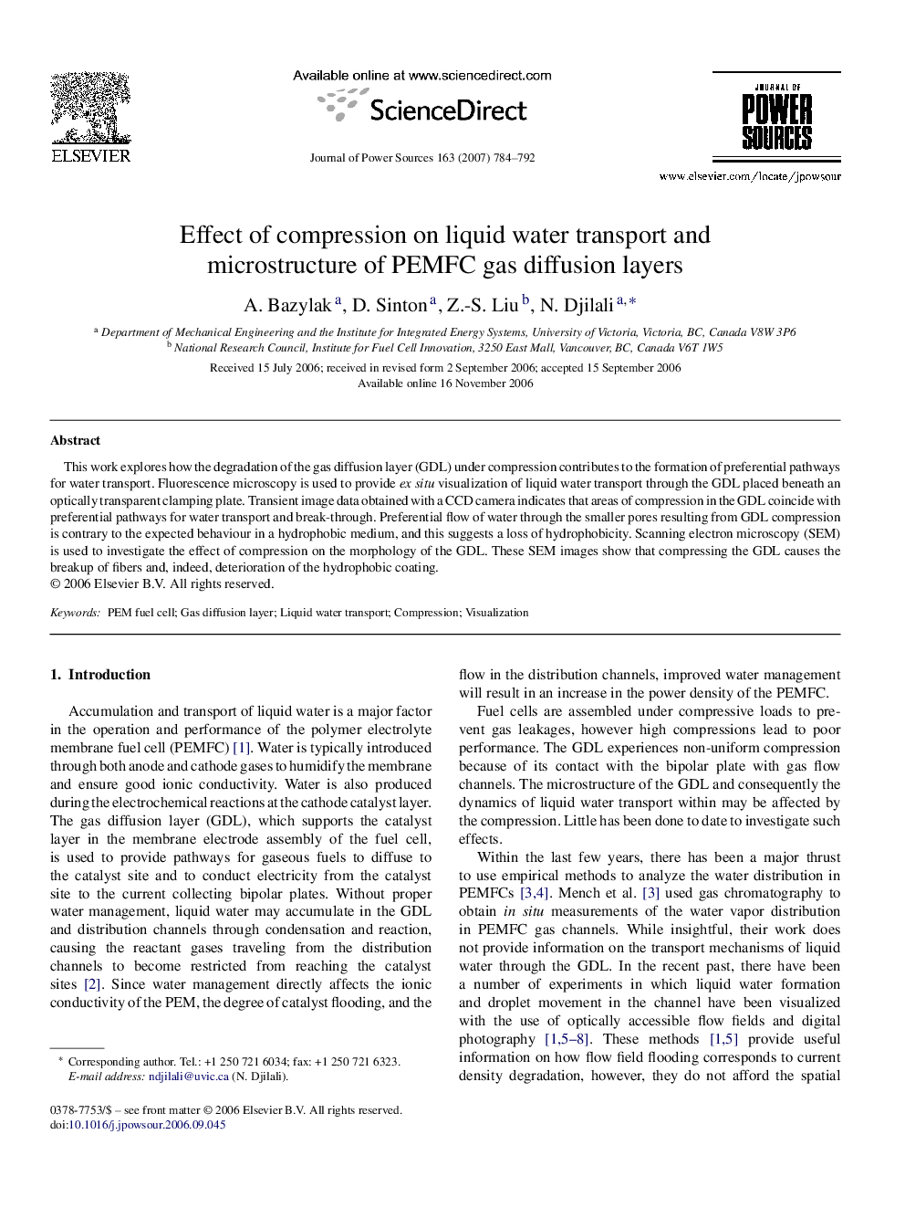 Effect of compression on liquid water transport and microstructure of PEMFC gas diffusion layers