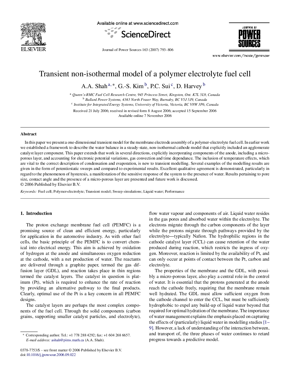 Transient non-isothermal model of a polymer electrolyte fuel cell