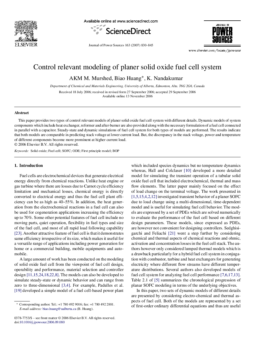 Control relevant modeling of planer solid oxide fuel cell system