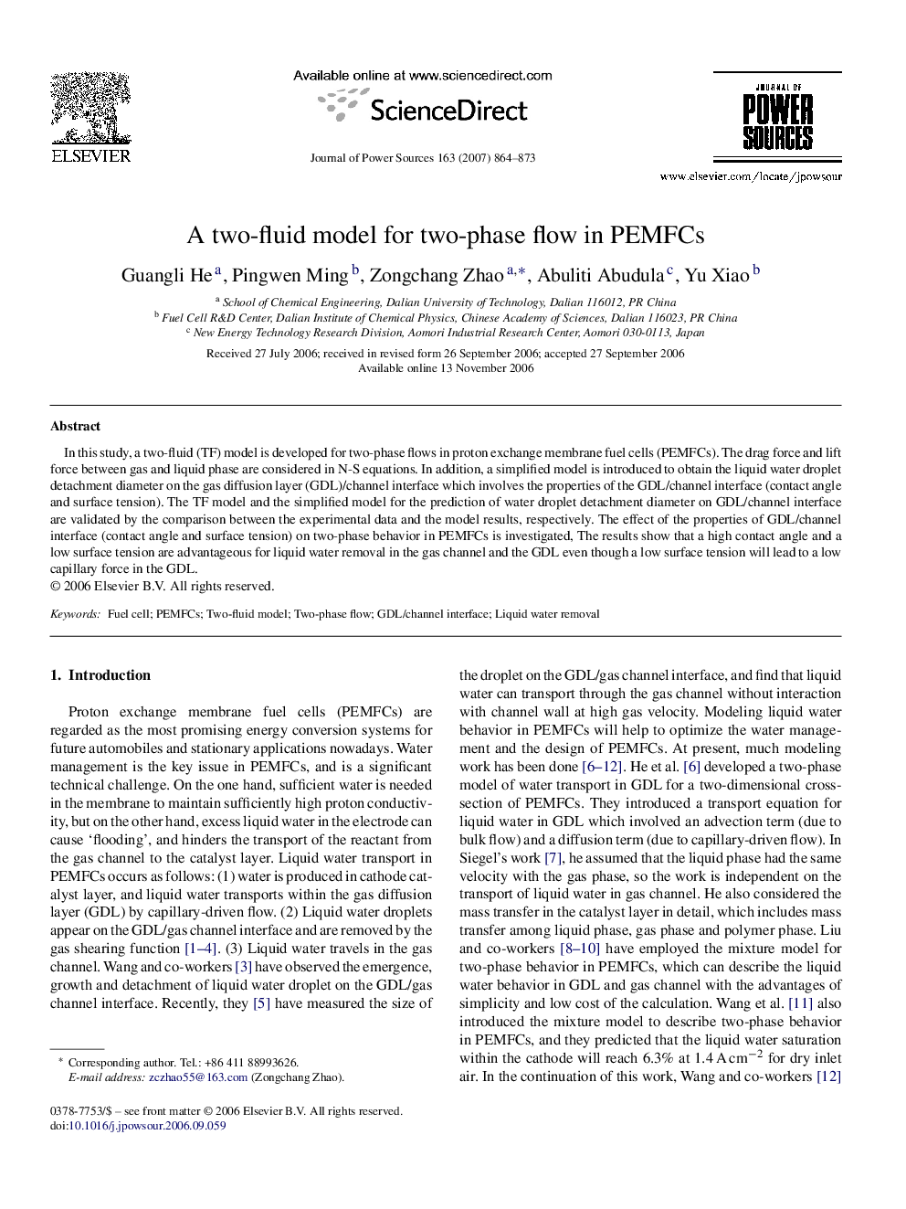 A two-fluid model for two-phase flow in PEMFCs