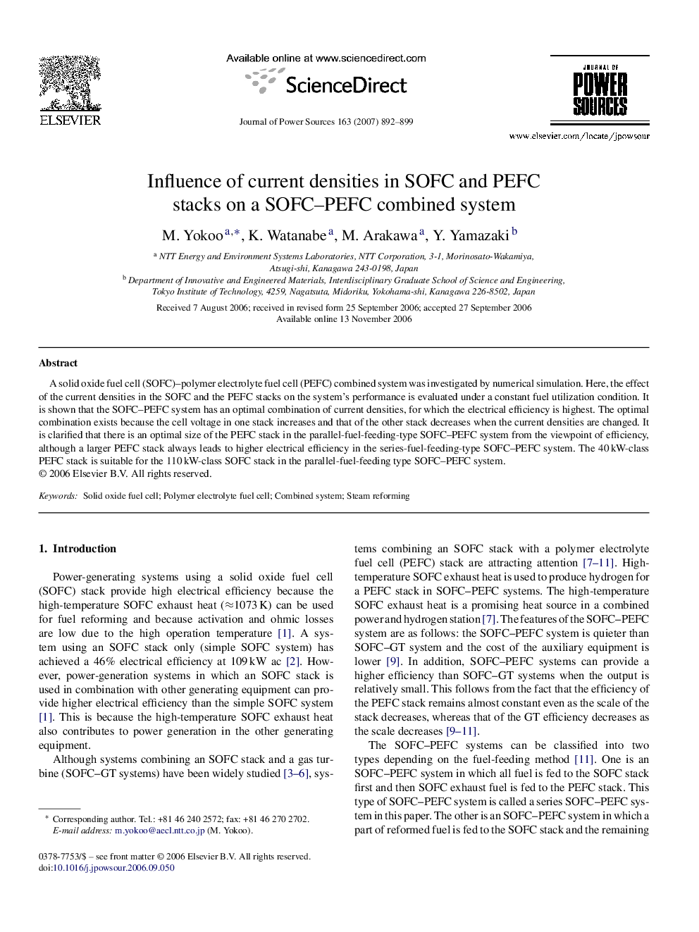 Influence of current densities in SOFC and PEFC stacks on a SOFC–PEFC combined system