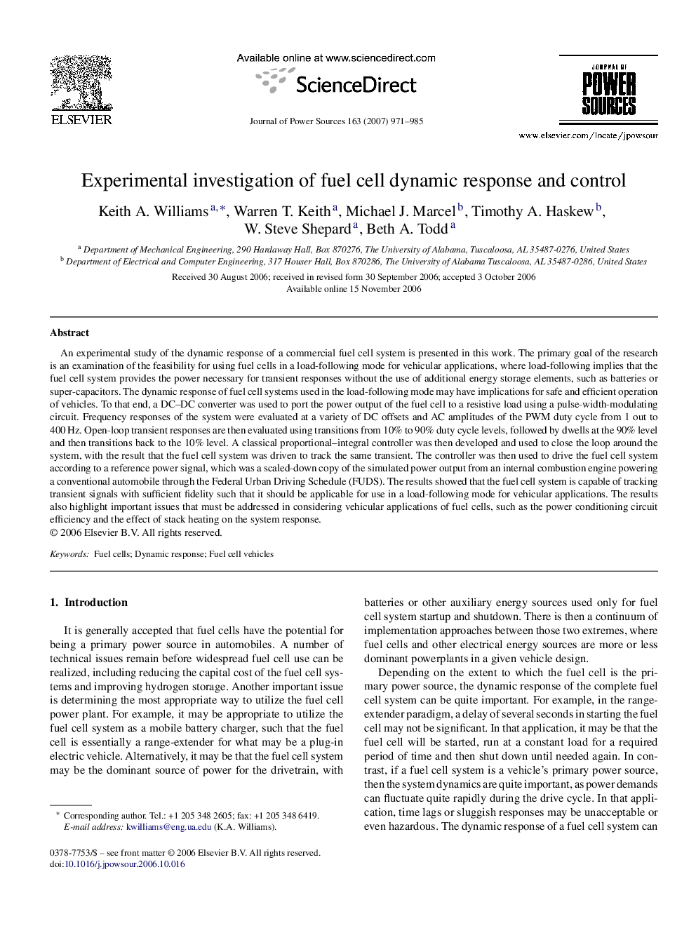 Experimental investigation of fuel cell dynamic response and control