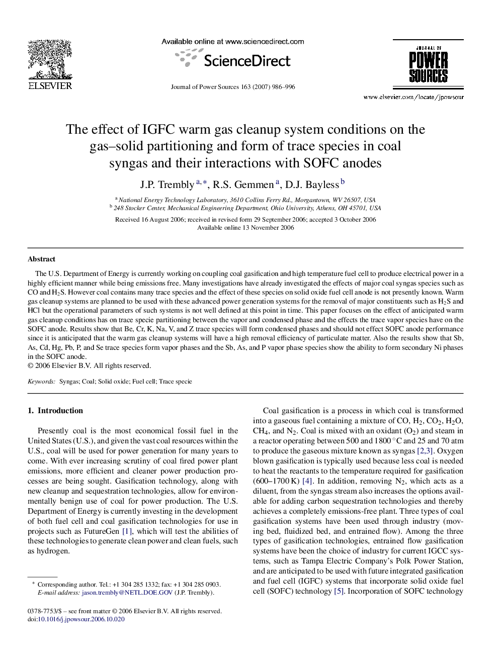 The effect of IGFC warm gas cleanup system conditions on the gas–solid partitioning and form of trace species in coal syngas and their interactions with SOFC anodes