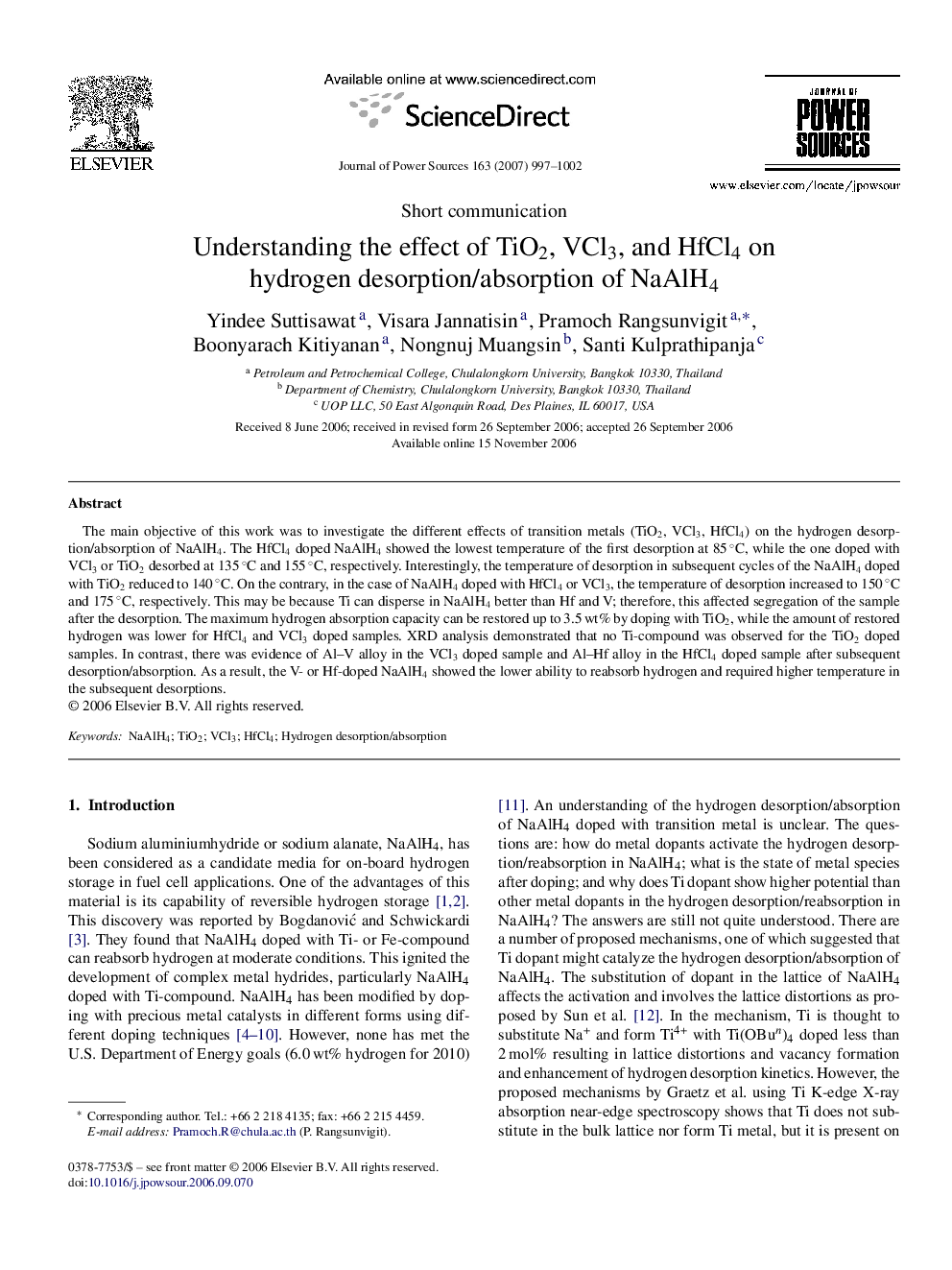 عکس صفحه اول مقاله: Understanding the effect of TiO2, VCl3, and HfCl4 on hydrogen desorption/absorption of NaAlH4 Understanding the effect of TiO2, VCl3, and HfCl4 on hydrogen desorption/absorption of NaAlH4