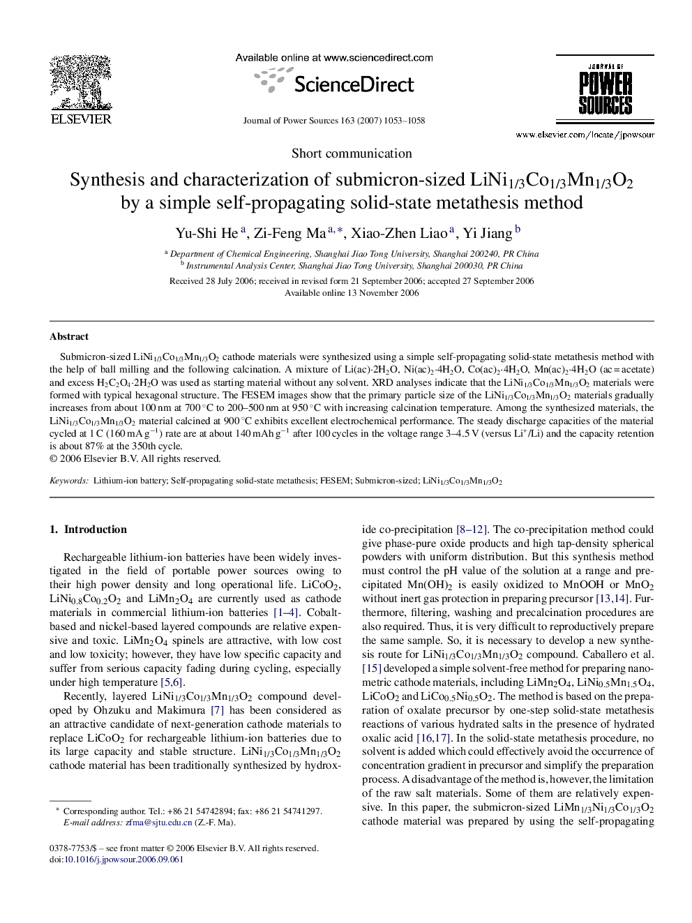 Synthesis and characterization of submicron-sized LiNi1/3Co1/3Mn1/3O2 by a simple self-propagating solid-state metathesis method