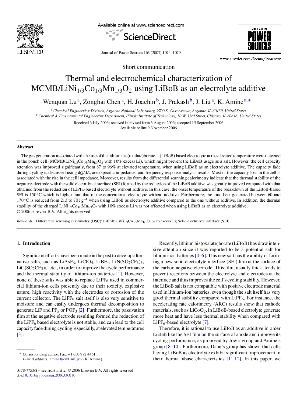 Thermal and electrochemical characterization of MCMB/LiNi1/3Co1/3Mn1/3O2 using LiBoB as an electrolyte additive