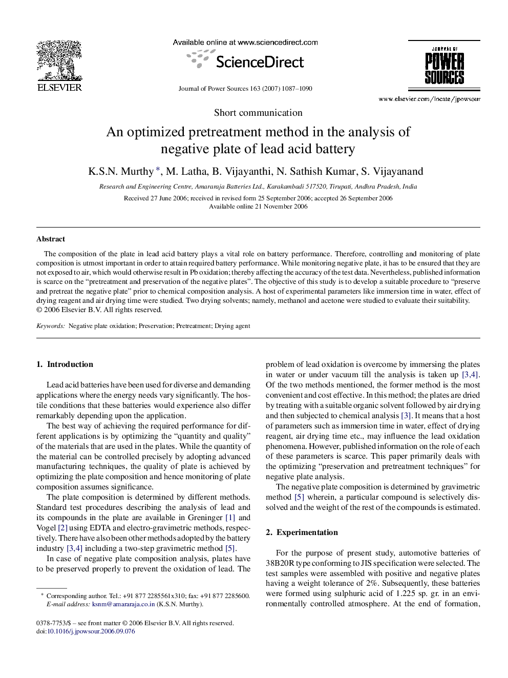 An optimized pretreatment method in the analysis of negative plate of lead acid battery