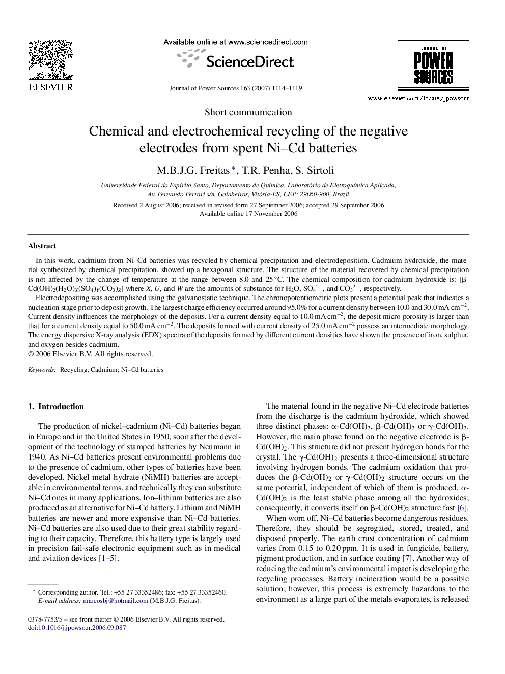 Chemical and electrochemical recycling of the negative electrodes from spent Ni–Cd batteries