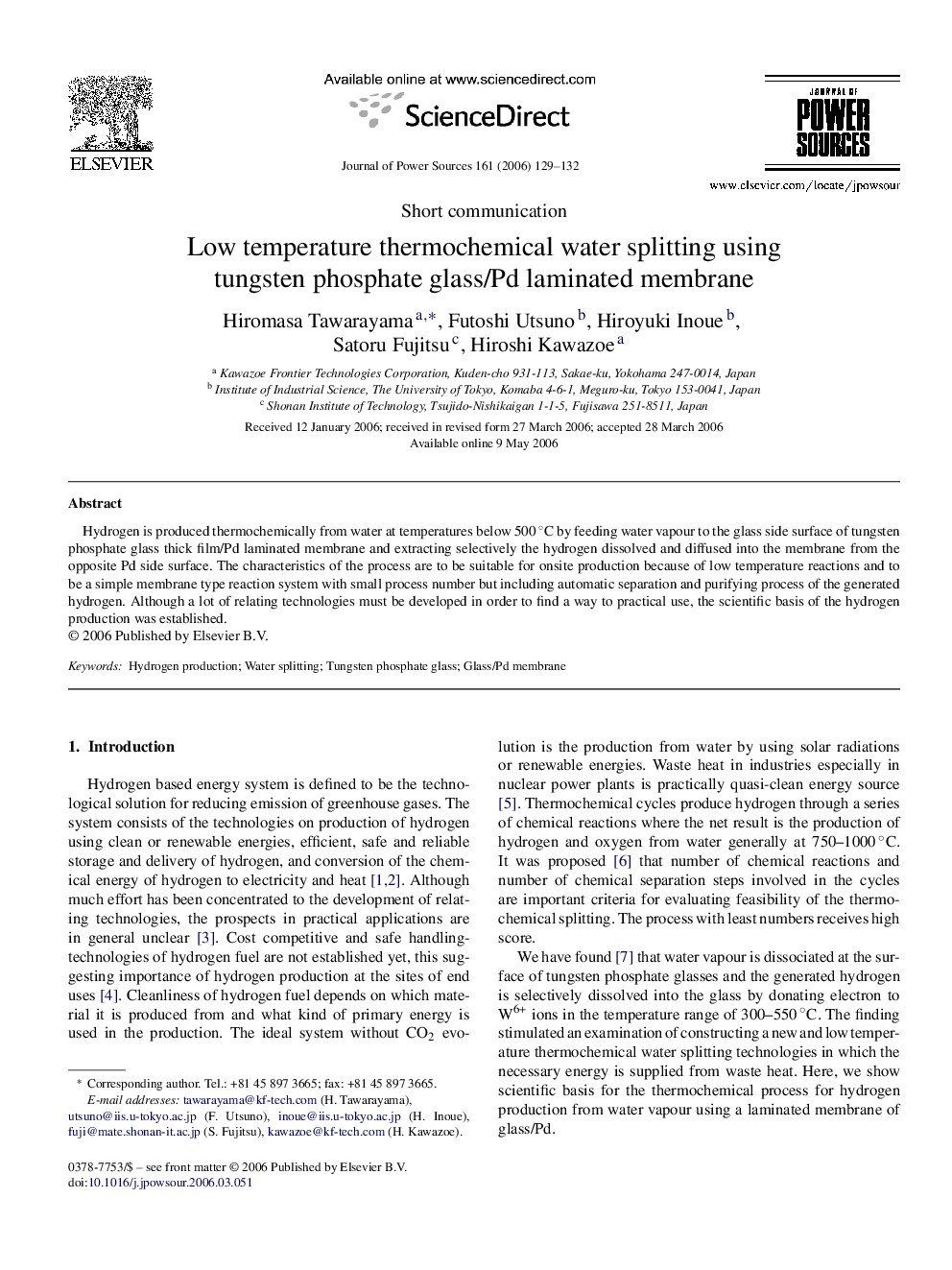 Low temperature thermochemical water splitting using tungsten phosphate glass/Pd laminated membrane