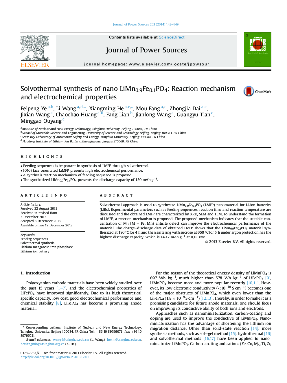 Solvothermal synthesis of nano LiMn0.9Fe0.1PO4: Reaction mechanism and electrochemical properties