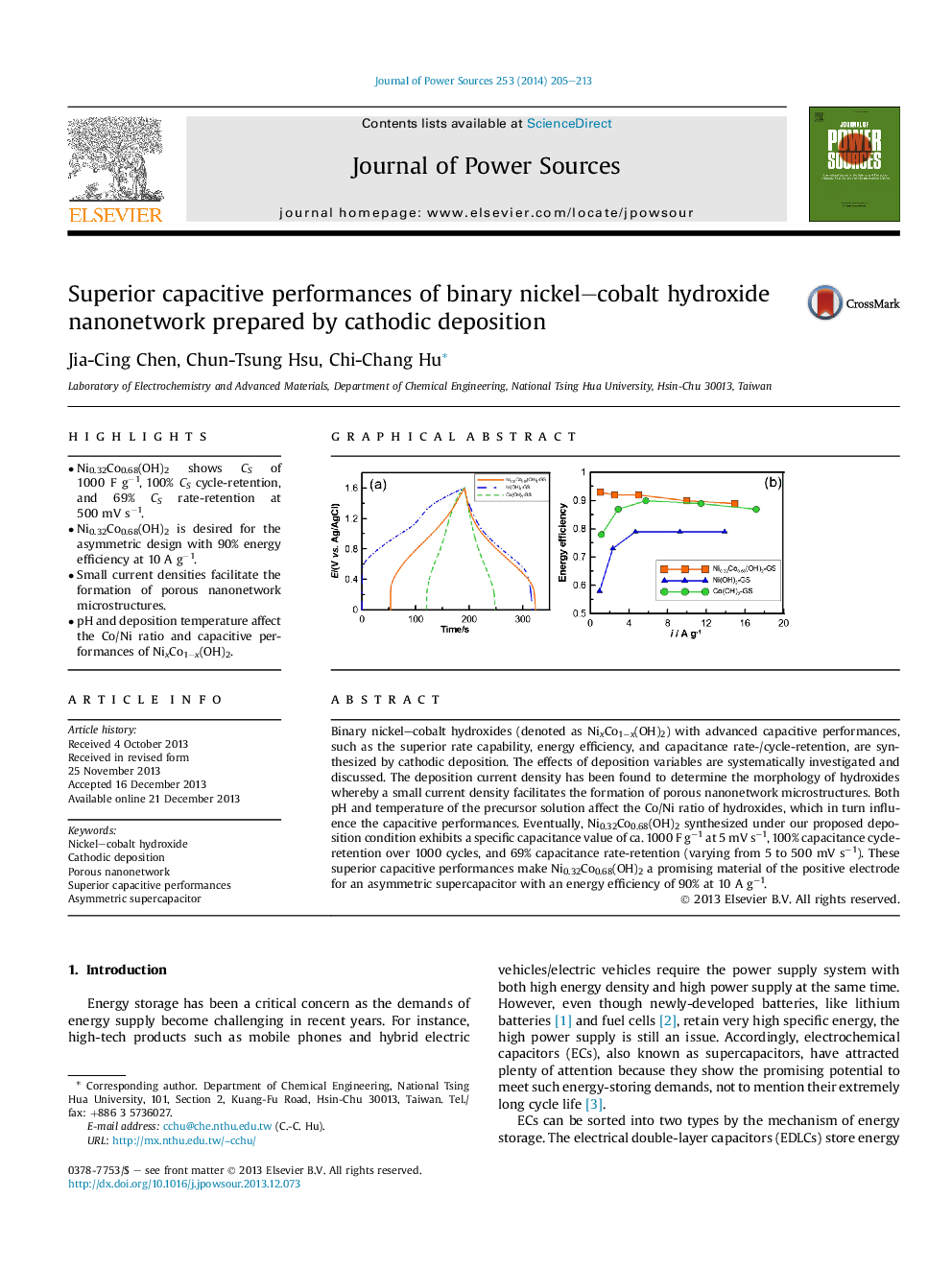 Superior capacitive performances of binary nickel–cobalt hydroxide nanonetwork prepared by cathodic deposition