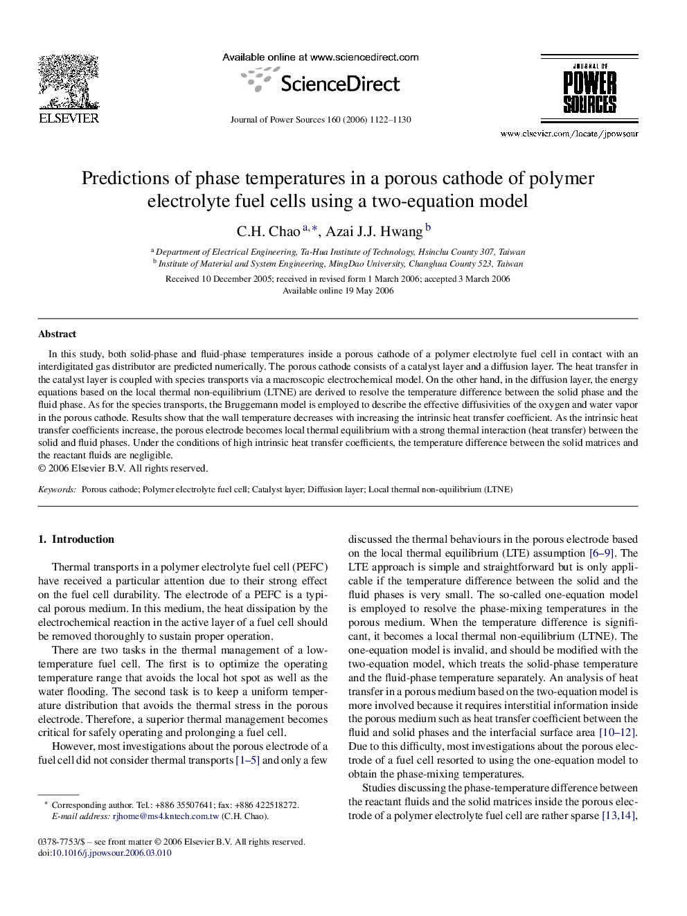 Predictions of phase temperatures in a porous cathode of polymer electrolyte fuel cells using a two-equation model