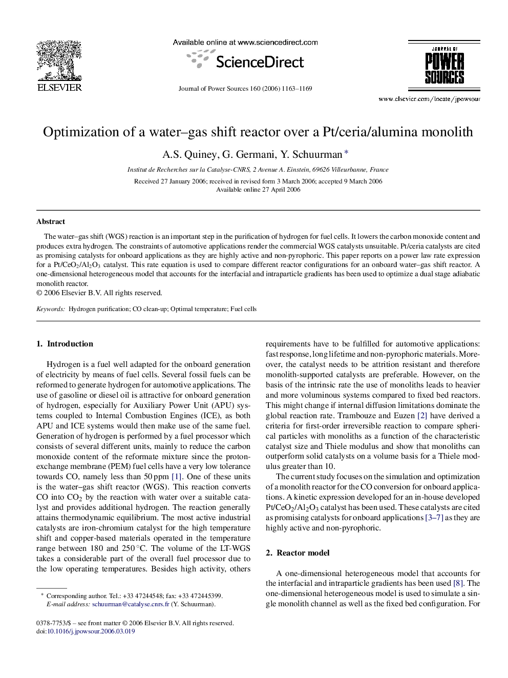 Optimization of a water–gas shift reactor over a Pt/ceria/alumina monolith