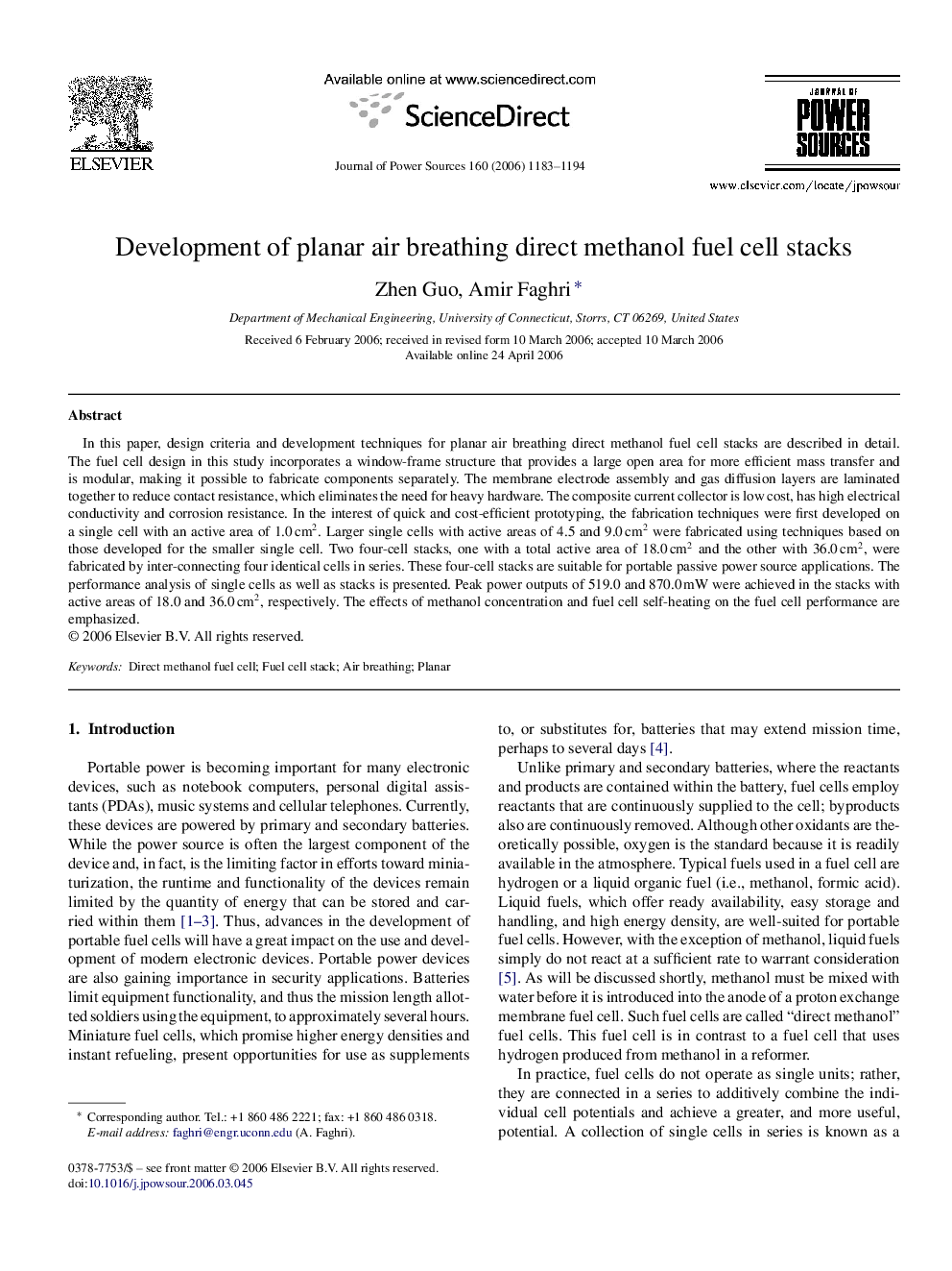 Development of planar air breathing direct methanol fuel cell stacks