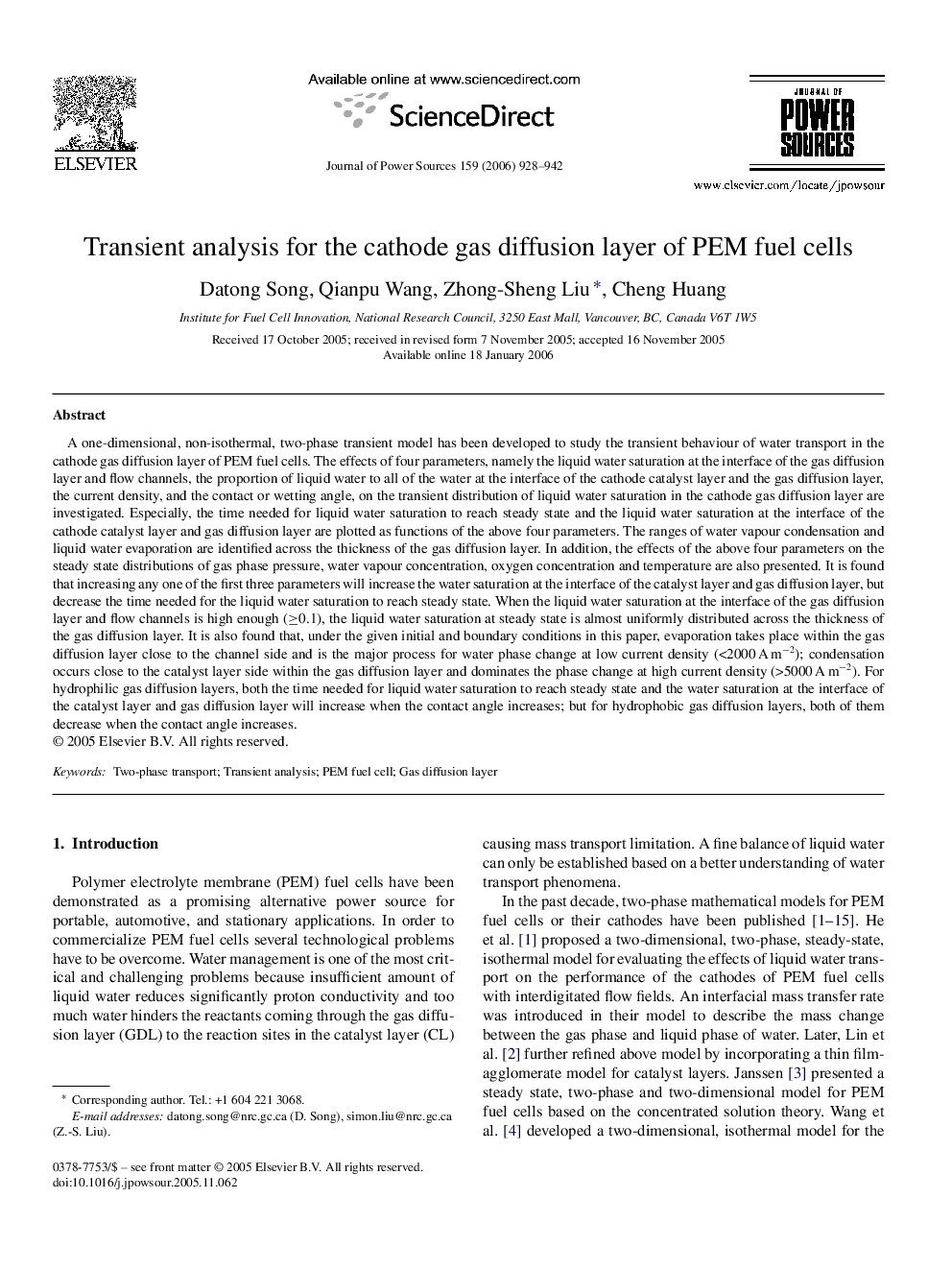 Transient analysis for the cathode gas diffusion layer of PEM fuel cells