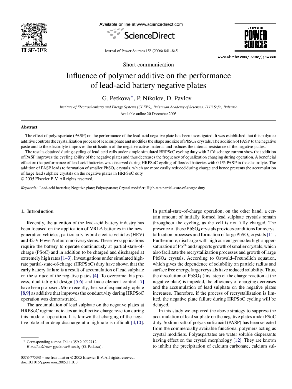 Influence of polymer additive on the performance of lead-acid battery negative plates