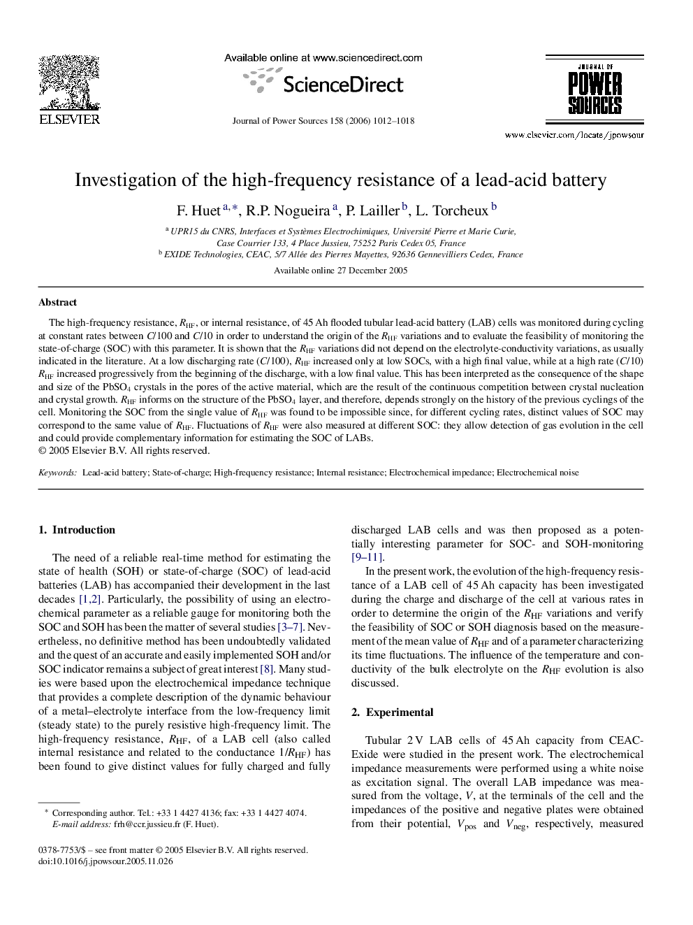 Investigation of the high-frequency resistance of a lead-acid battery