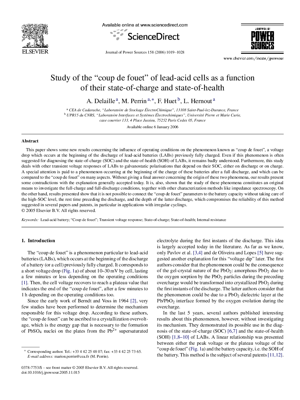 Study of the “coup de fouet” of lead-acid cells as a function of their state-of-charge and state-of-health