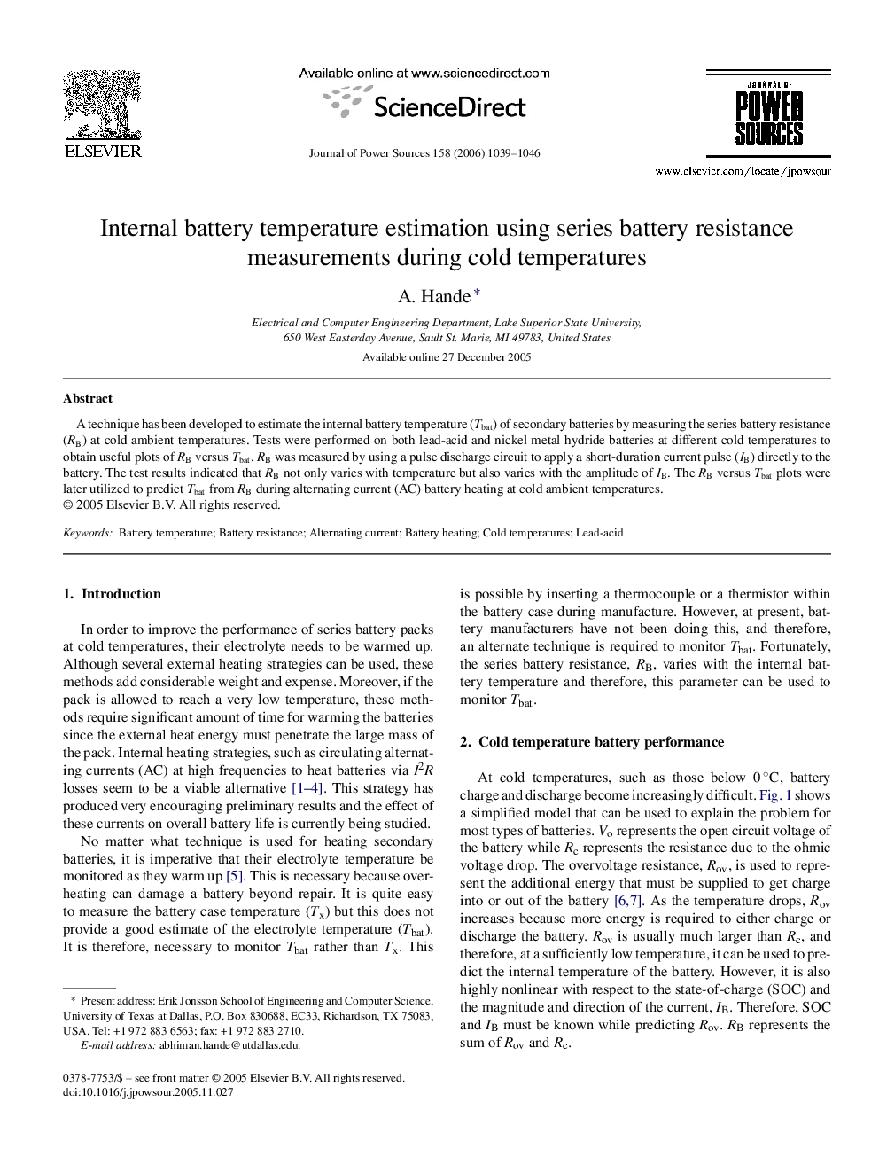 Internal battery temperature estimation using series battery resistance measurements during cold temperatures