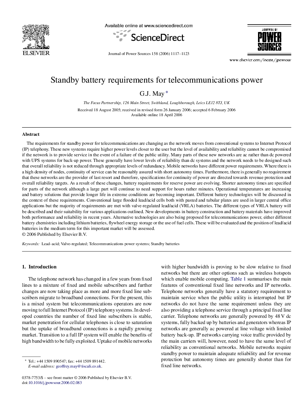 Standby battery requirements for telecommunications power