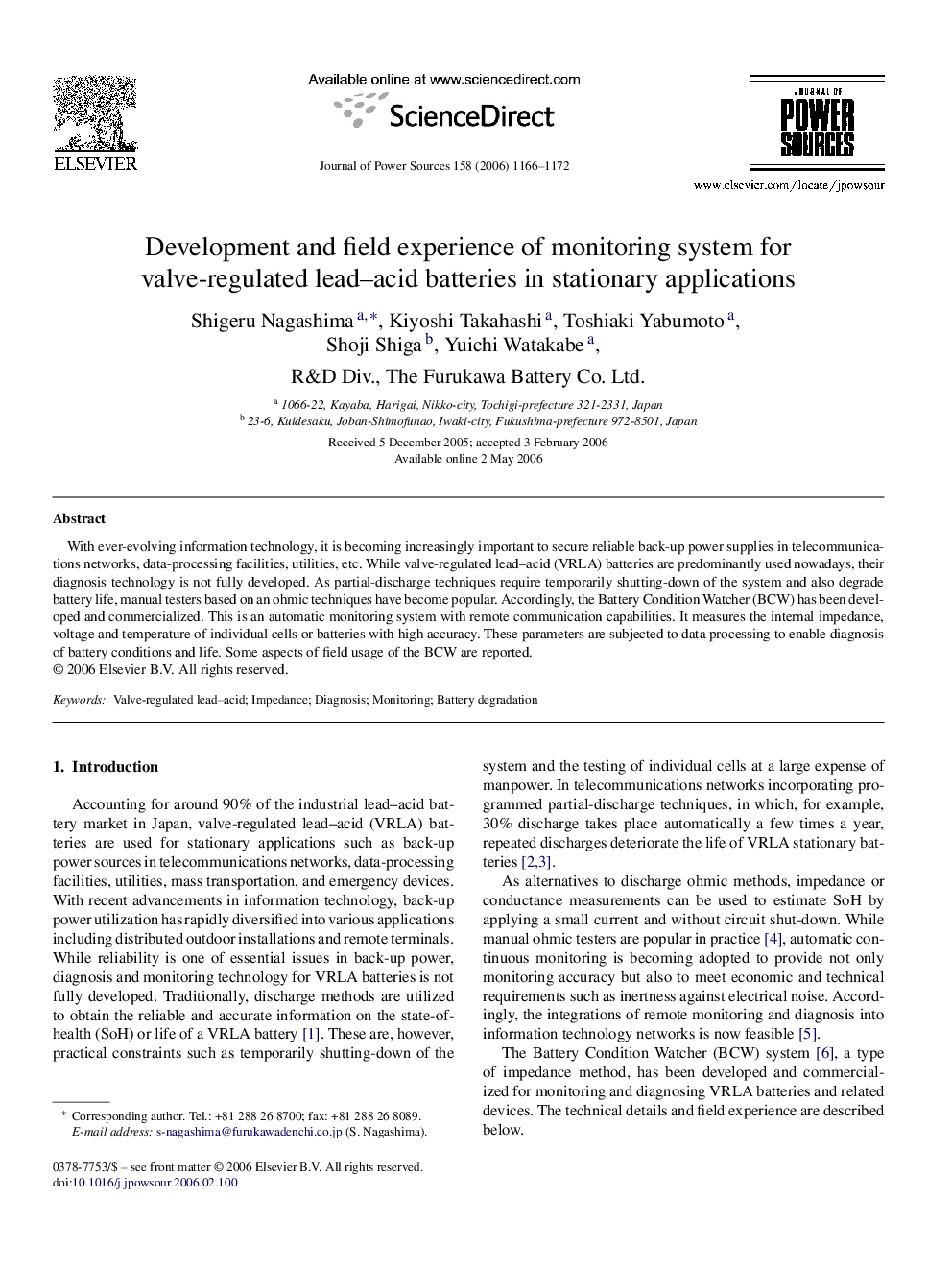 Development and field experience of monitoring system for valve-regulated lead–acid batteries in stationary applications