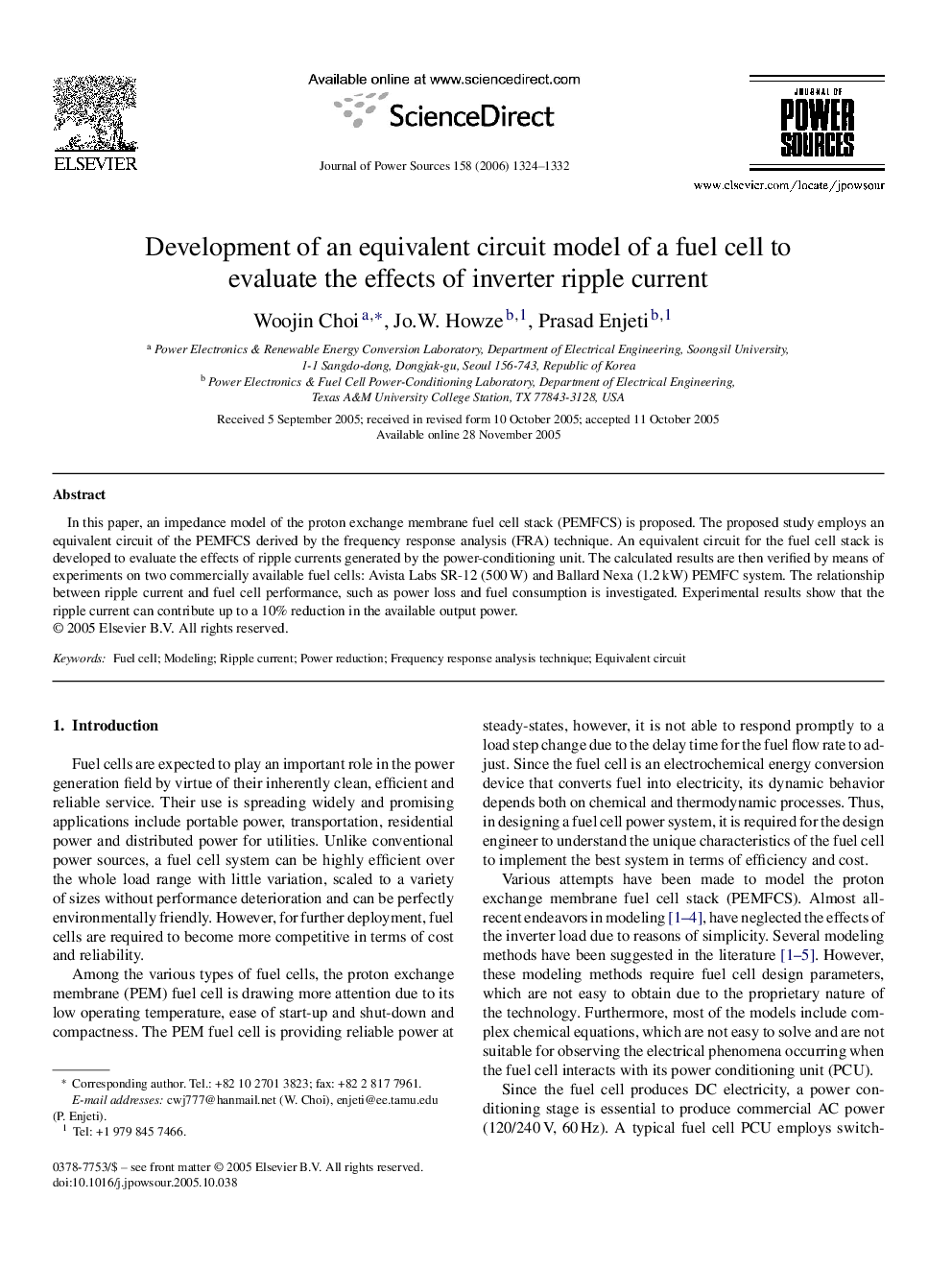 Development of an equivalent circuit model of a fuel cell to evaluate the effects of inverter ripple current