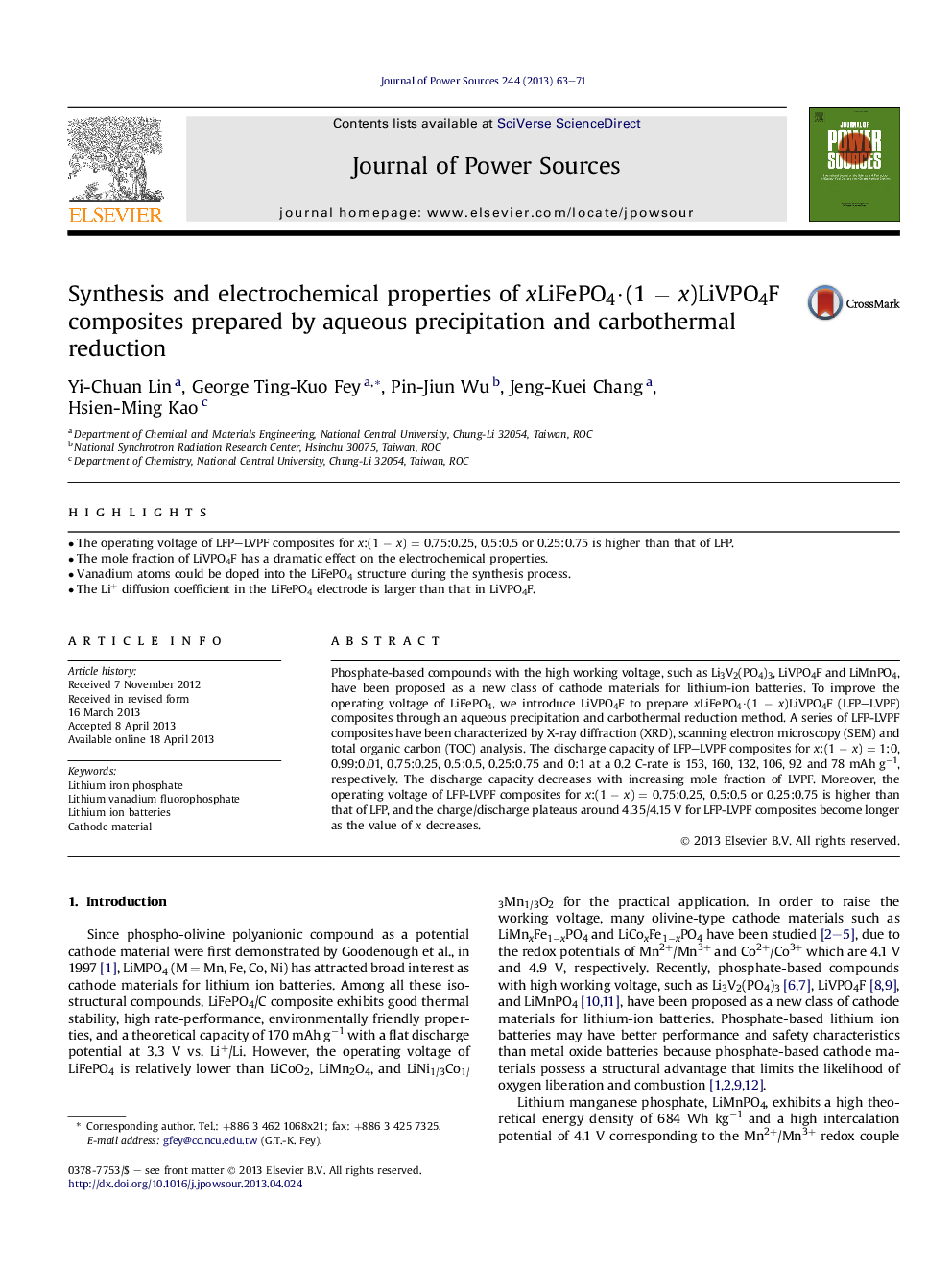 Synthesis and electrochemical properties of xLiFePO4·(1 − x)LiVPO4F composites prepared by aqueous precipitation and carbothermal reduction