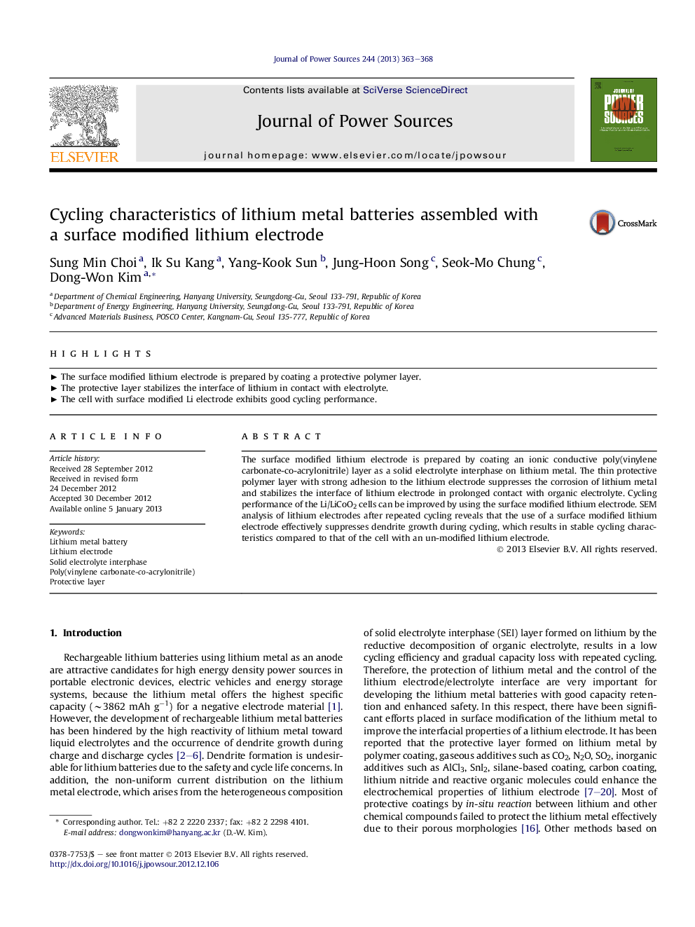 Cycling characteristics of lithium metal batteries assembled with a surface modified lithium electrode