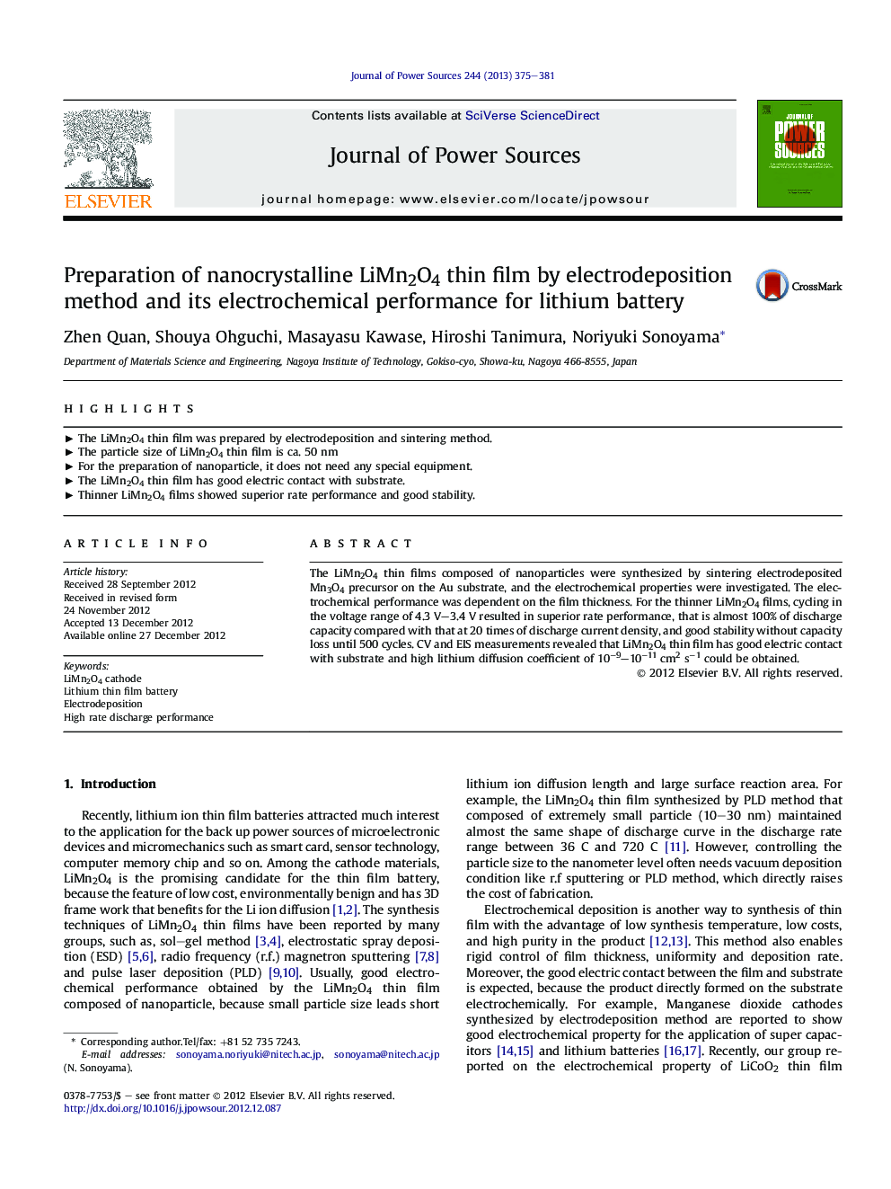 Preparation of nanocrystalline LiMn2O4 thin film by electrodeposition method and its electrochemical performance for lithium battery