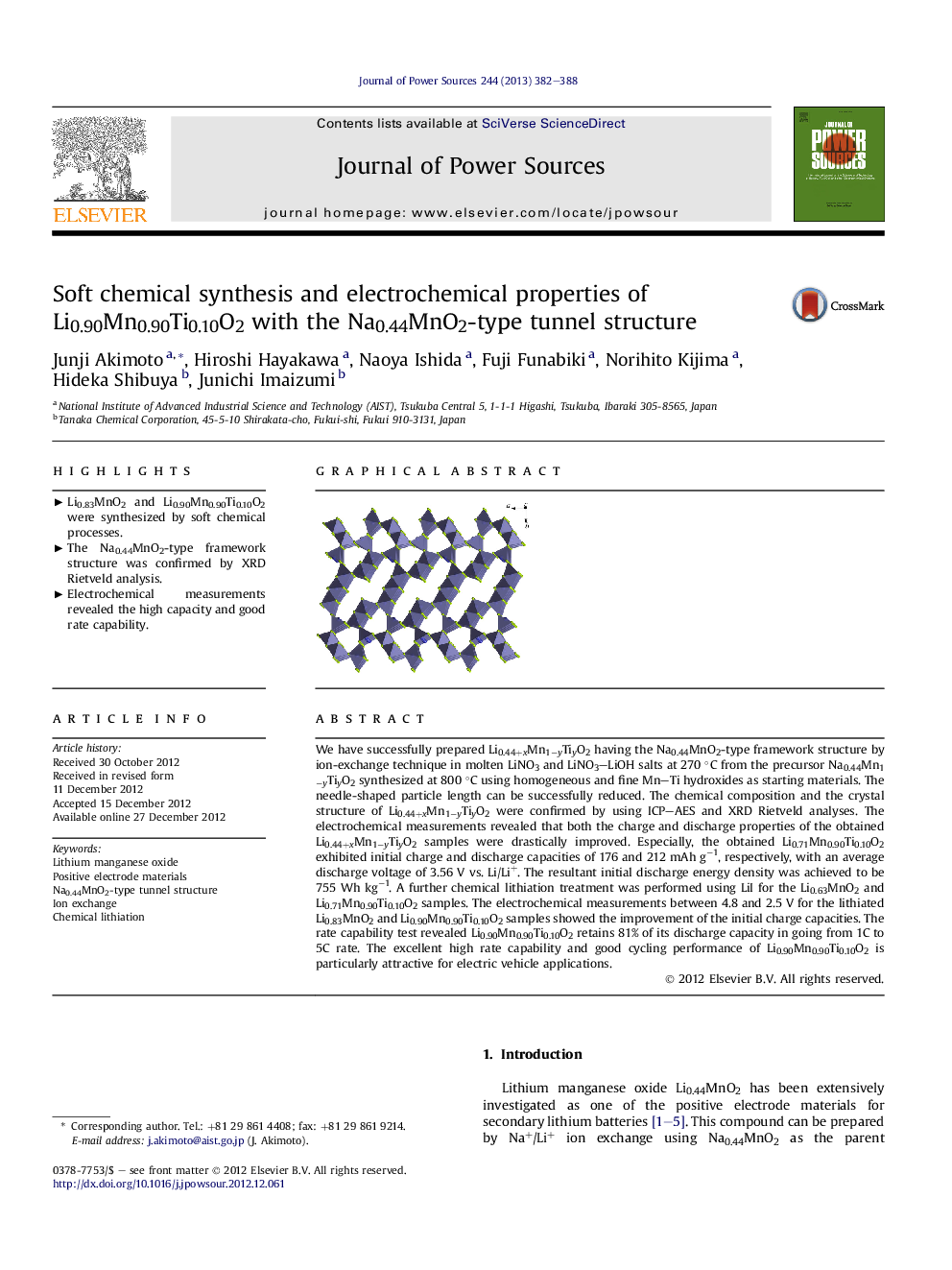 Soft chemical synthesis and electrochemical properties of Li0.90Mn0.90Ti0.10O2 with the Na0.44MnO2-type tunnel structure