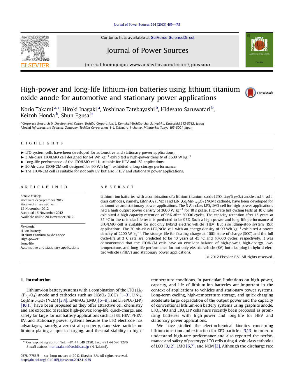 High-power and long-life lithium-ion batteries using lithium titanium oxide anode for automotive and stationary power applications