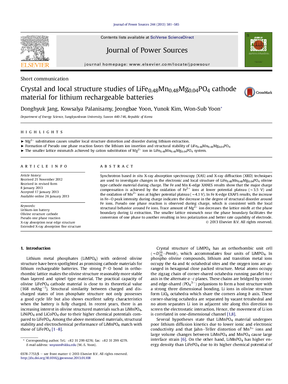 Crystal and local structure studies of LiFe0.48Mn0.48Mg0.04PO4 cathode material for lithium rechargeable batteries