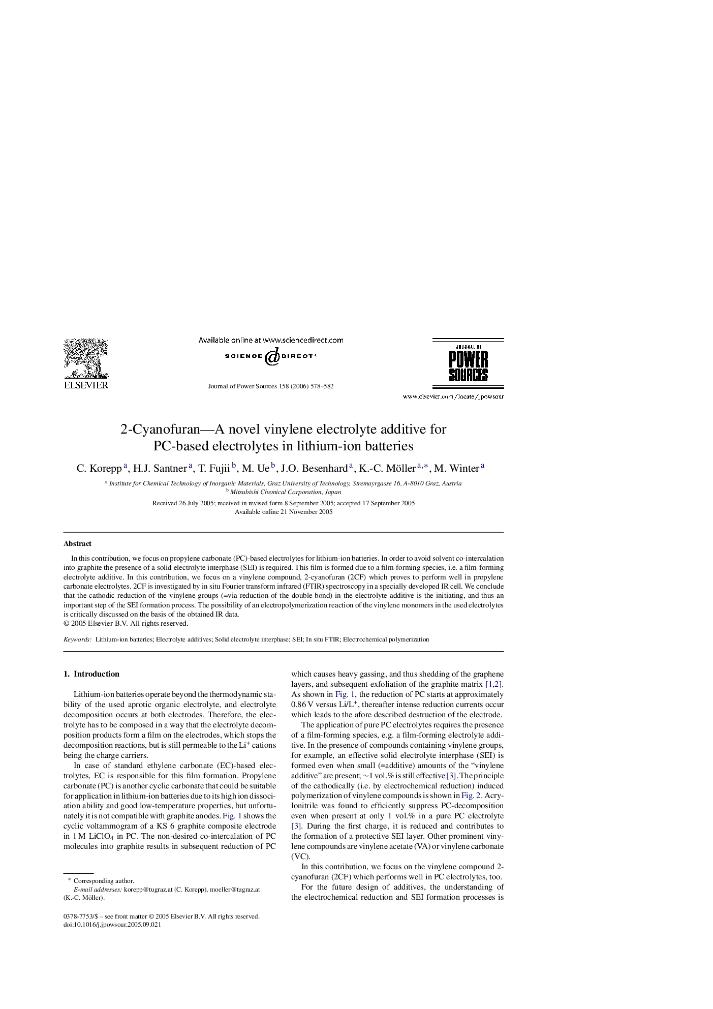 2-Cyanofuran—A novel vinylene electrolyte additive for PC-based electrolytes in lithium-ion batteries