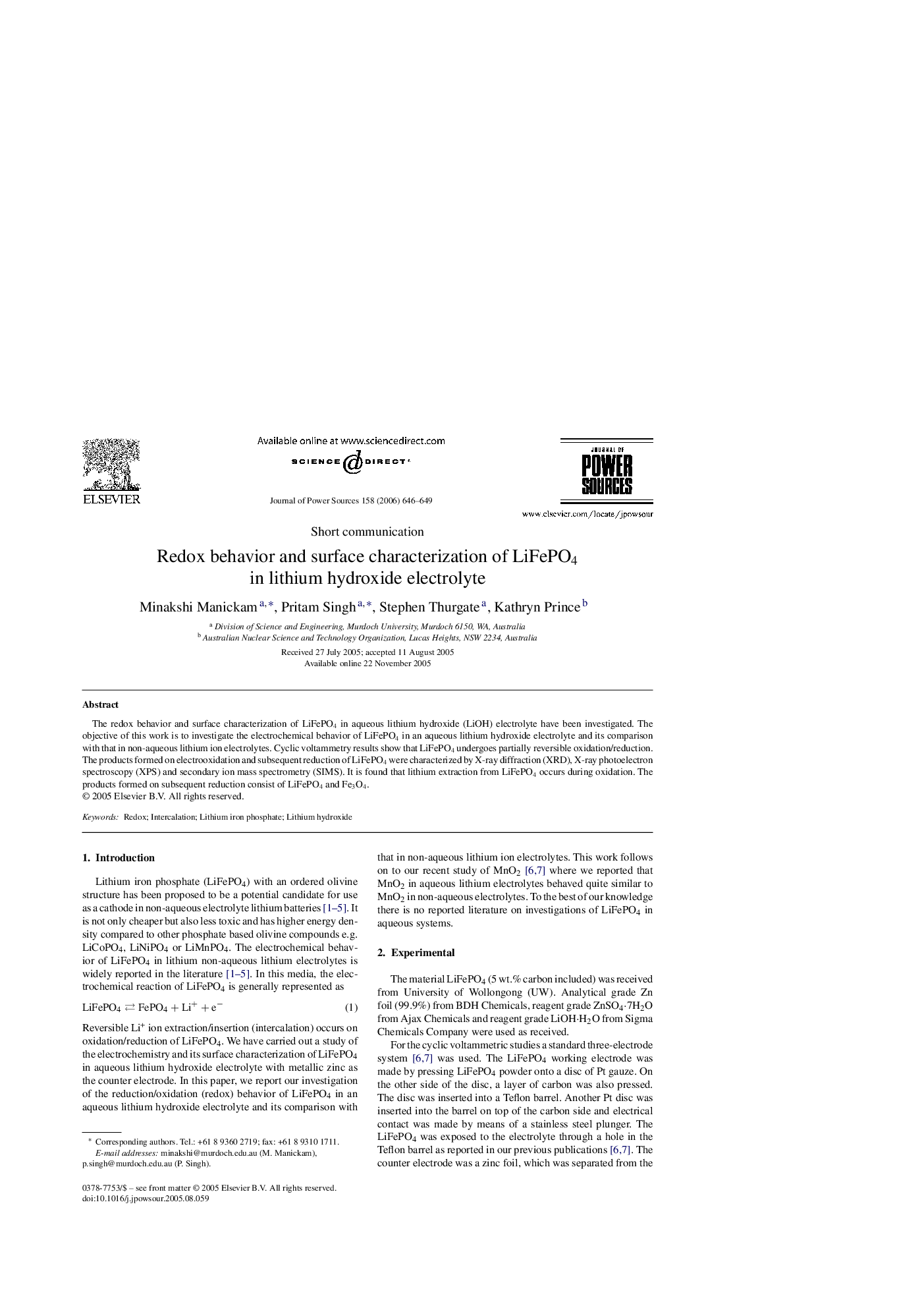 Redox behavior and surface characterization of LiFePO4 in lithium hydroxide electrolyte