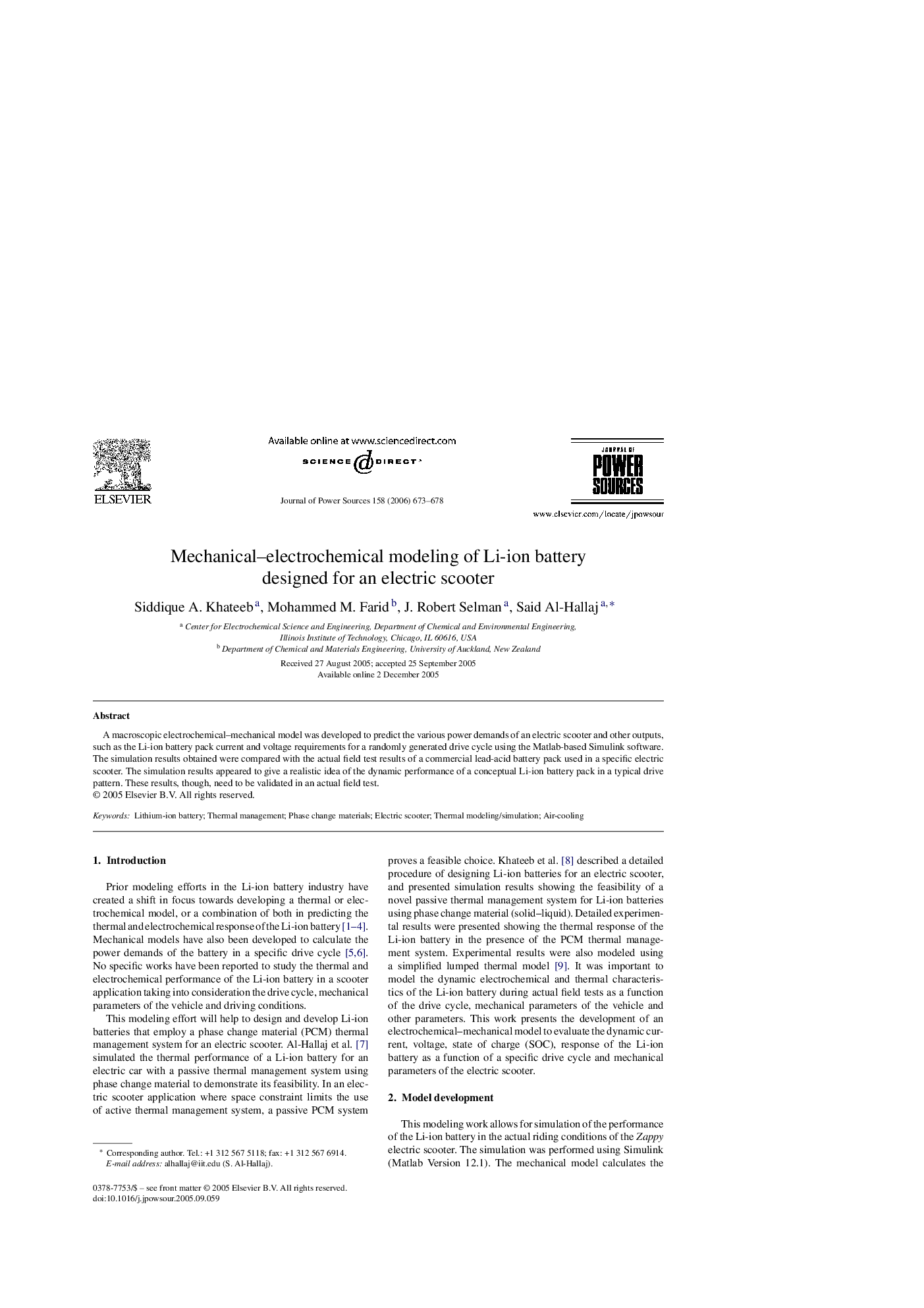 Mechanical–electrochemical modeling of Li-ion battery designed for an electric scooter