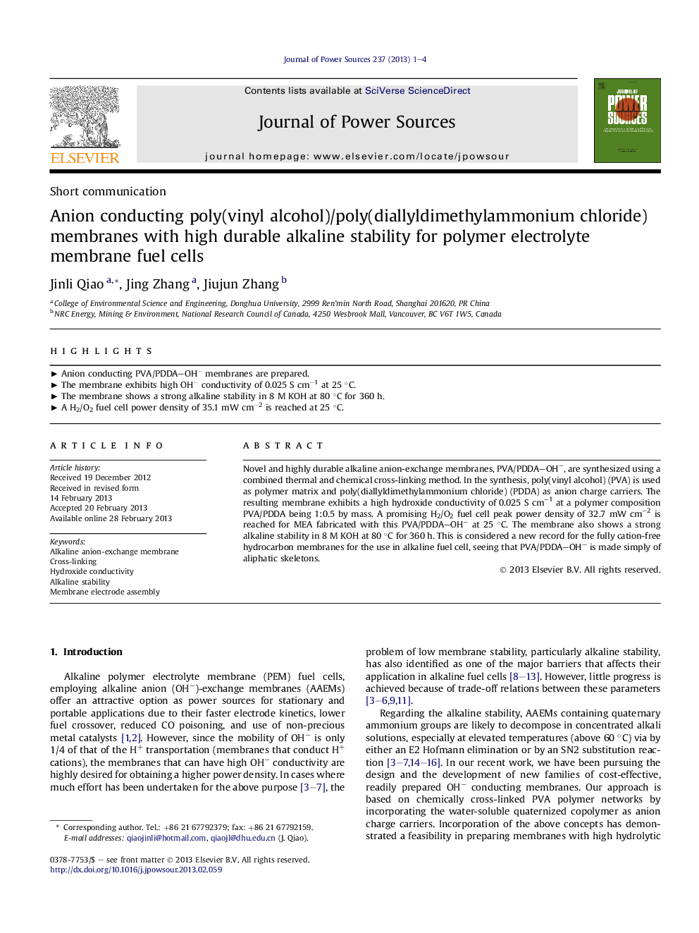 Anion conducting poly(vinyl alcohol)/poly(diallyldimethylammonium chloride) membranes with high durable alkaline stability for polymer electrolyte membrane fuel cells