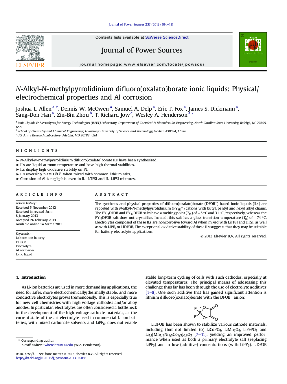 N-Alkyl-N-methylpyrrolidinium difluoro(oxalato)borate ionic liquids: Physical/electrochemical properties and Al corrosion