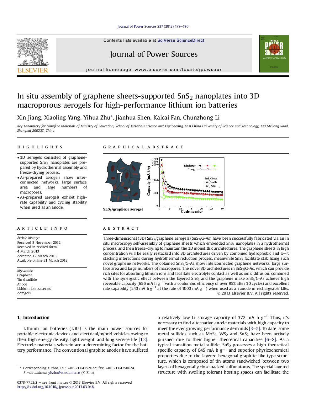 In situ assembly of graphene sheets-supported SnS2 nanoplates into 3D macroporous aerogels for high-performance lithium ion batteries