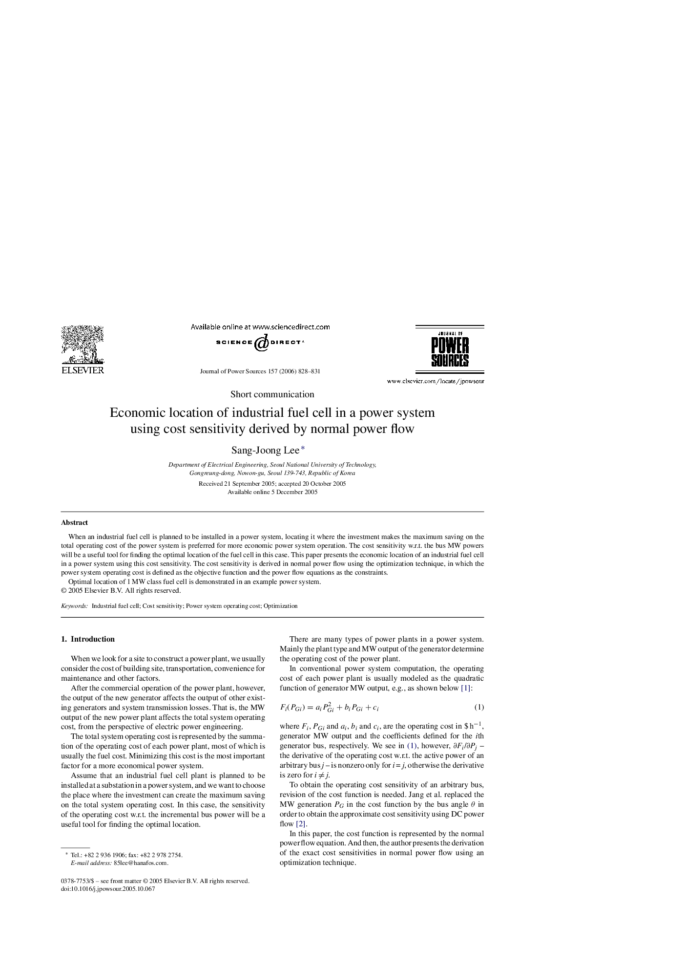 Economic location of industrial fuel cell in a power system using cost sensitivity derived by normal power flow