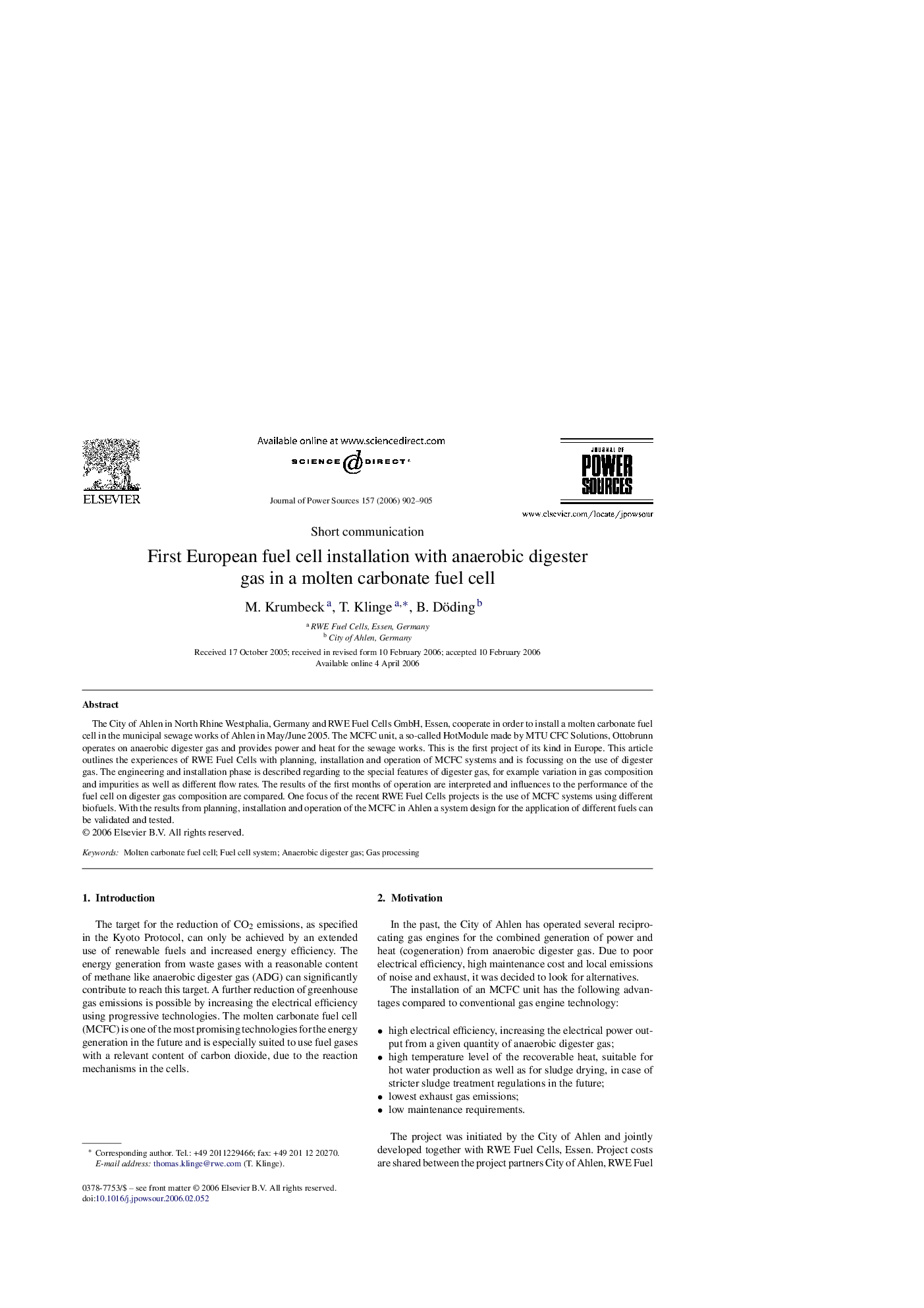 First European fuel cell installation with anaerobic digester gas in a molten carbonate fuel cell