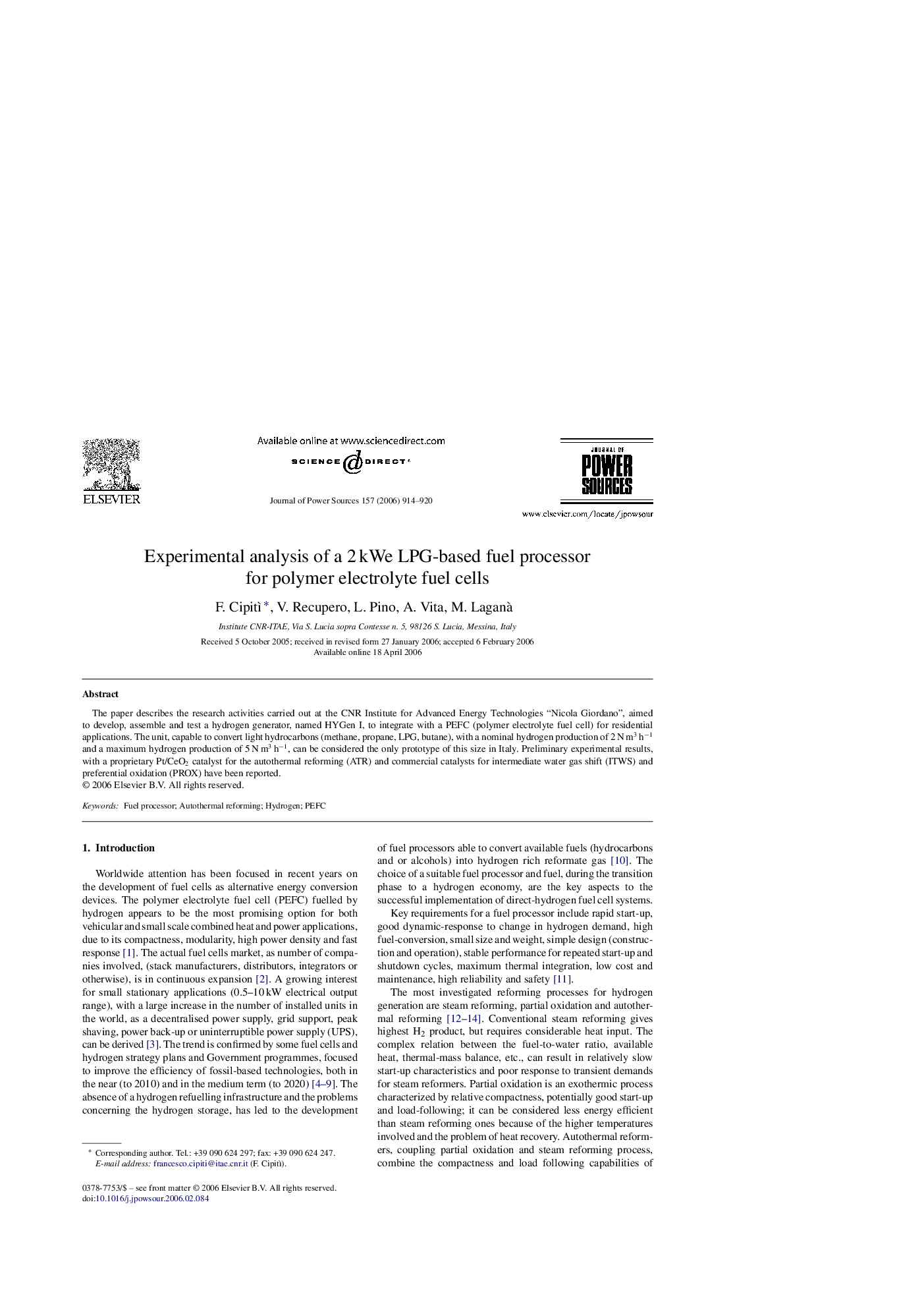 Experimental analysis of a 2 kWe LPG-based fuel processor for polymer electrolyte fuel cells