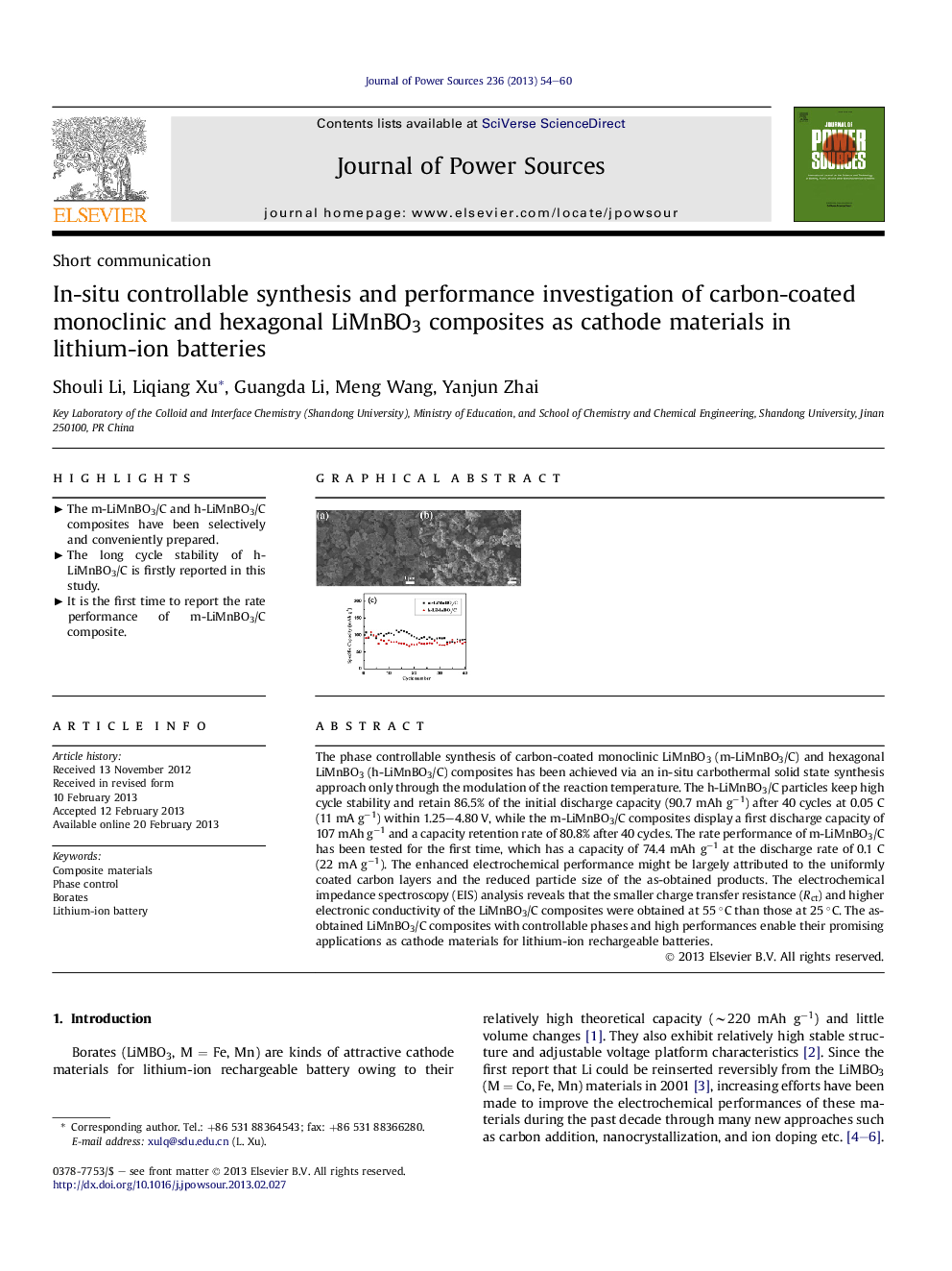 In-situ controllable synthesis and performance investigation of carbon-coated monoclinic and hexagonal LiMnBO3 composites as cathode materials in lithium-ion batteries