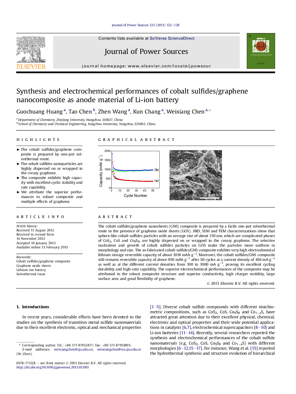 Synthesis and electrochemical performances of cobalt sulfides/graphene nanocomposite as anode material of Li-ion battery