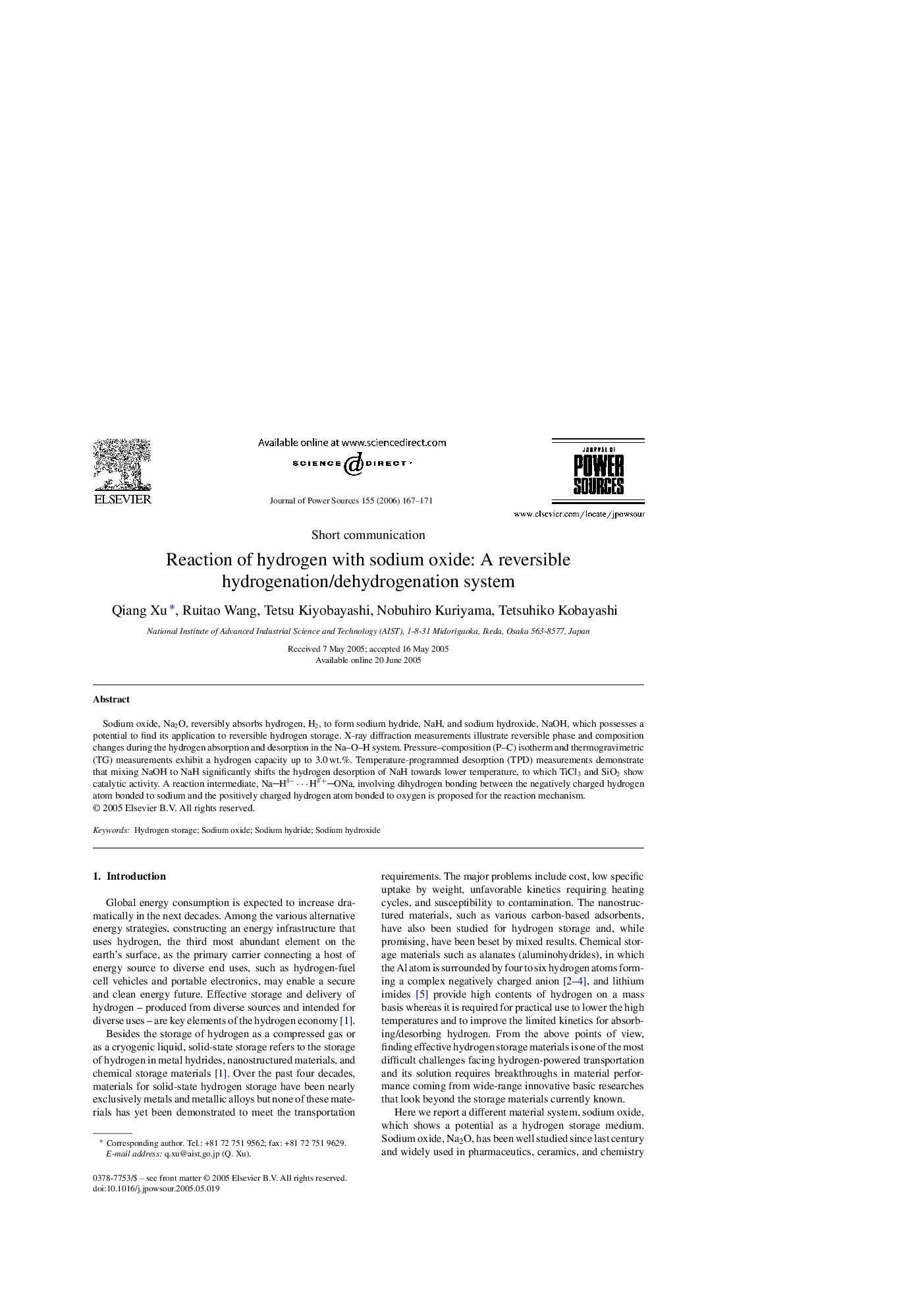 Reaction of hydrogen with sodium oxide: A reversible hydrogenation/dehydrogenation system