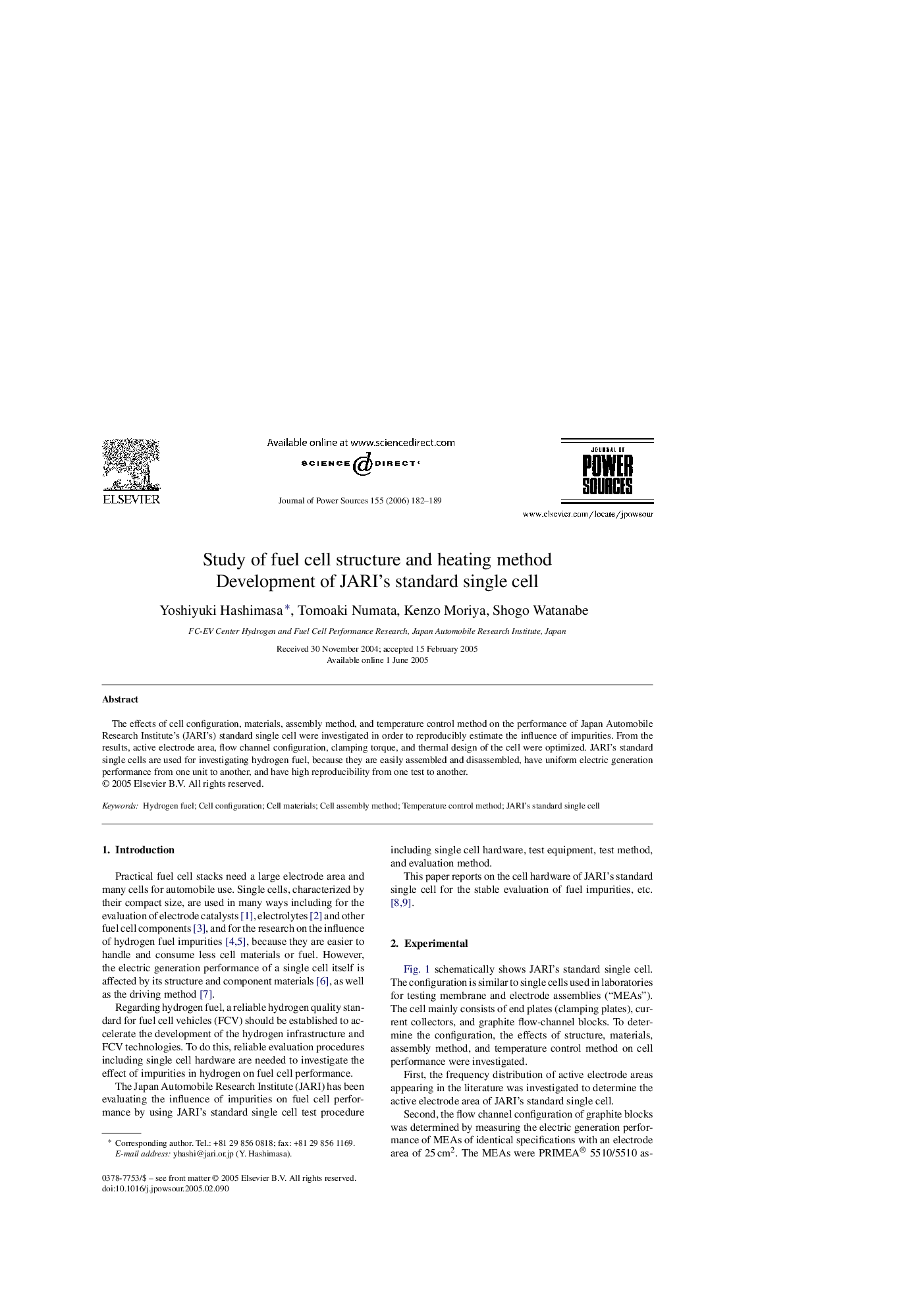 Study of fuel cell structure and heating method: Development of JARI's standard single cell