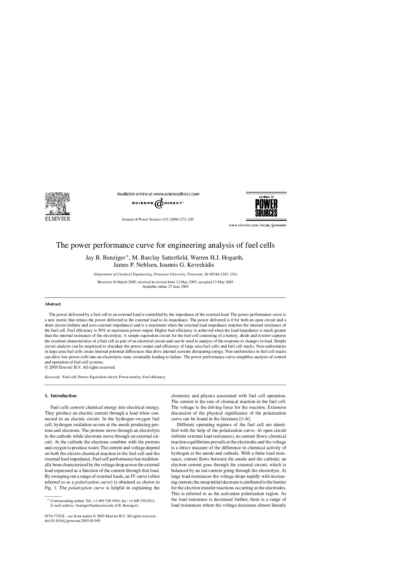 The power performance curve for engineering analysis of fuel cells