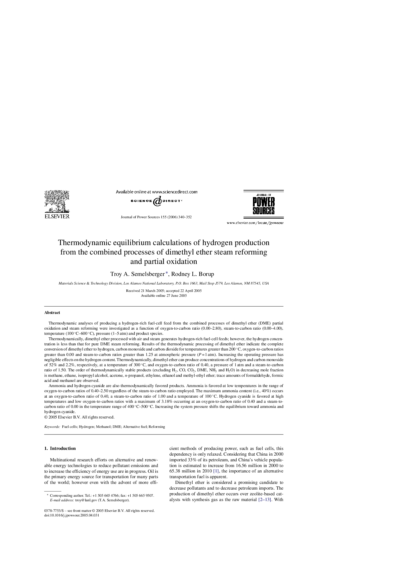 Thermodynamic equilibrium calculations of hydrogen production from the combined processes of dimethyl ether steam reforming and partial oxidation